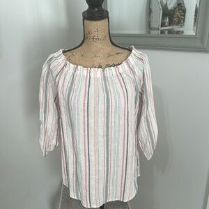 Striped White Blue, and Pink with tie arm detail Women's Top
